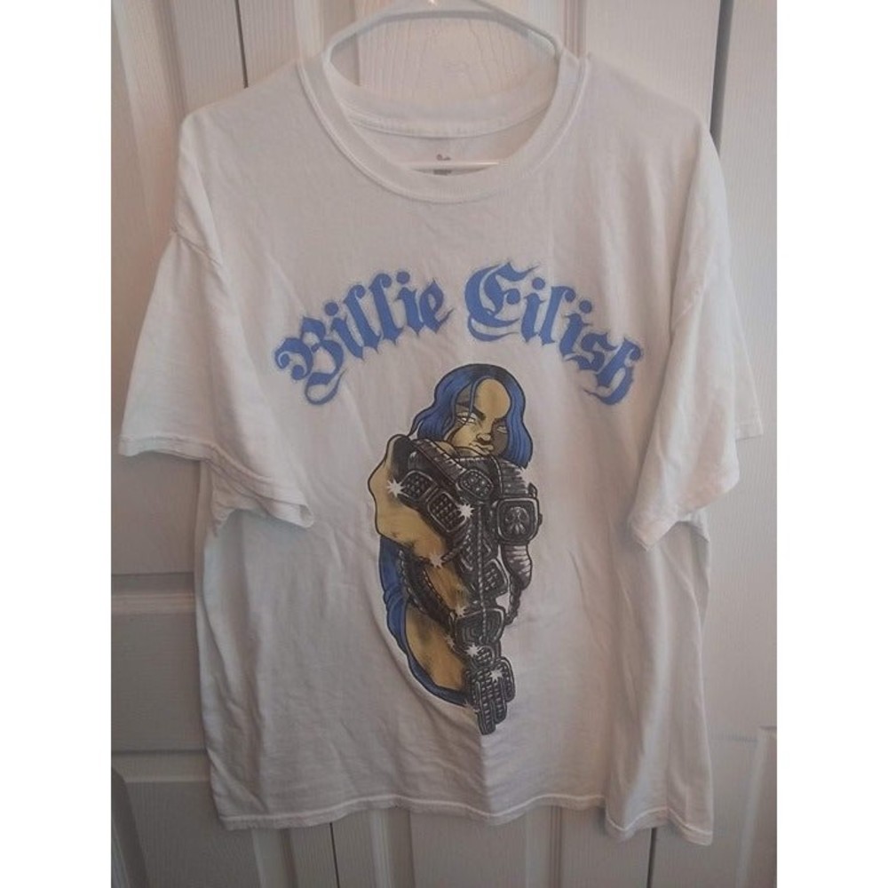 Billie Eilish Fistful of Chains XL White Graphic Tee T-Shirt with Glitter